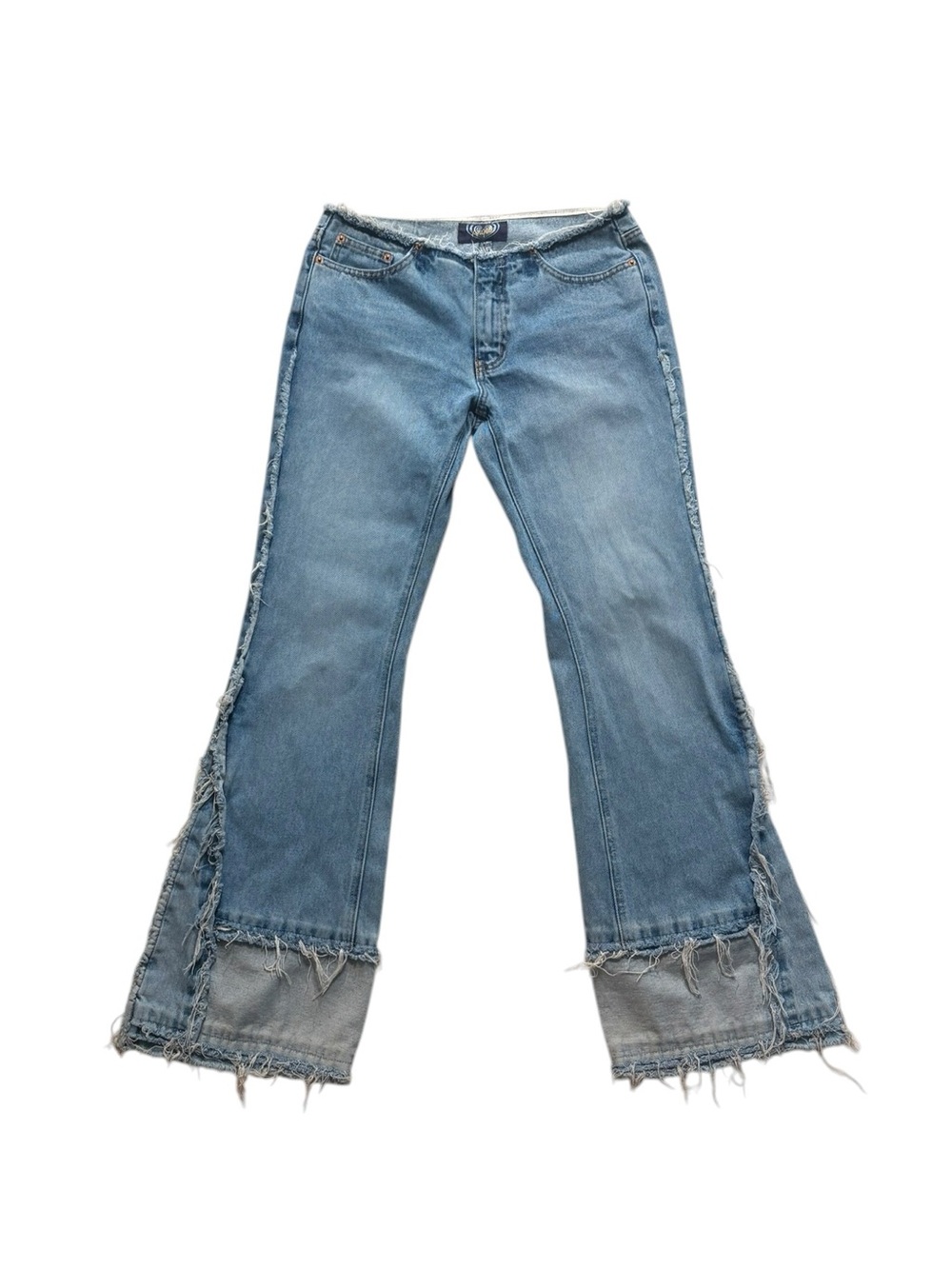 Women's Vintage Angels Blue Distressed Low Rise Flare Jeans - Raw Hem